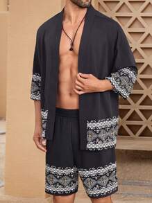 Manfinity Homme Set de 2 piezas para hombre de camisa abierta con estampado geométrico y pantalones cortos sueltos