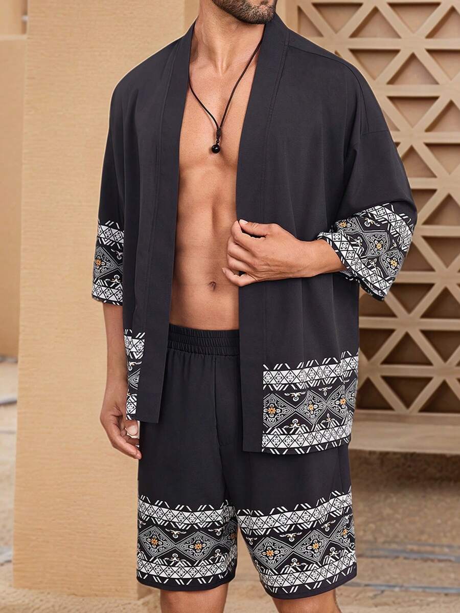 Manfinity Homme Set de 2 piezas para hombre de camisa abierta con estampado geométrico y pantalones cortos sueltos