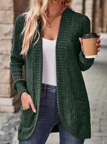 SHEIN LUNE Women's Solid Color Long Sleeve Pocketed Open Front Casual Lightweight Jacket - Dark Green - View 6