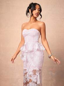 L'Amorae Elegant Floral Organza Peplum Maxi Dress - Pink - View 2