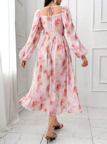 Modelyn Vestido casual de mujer con cuello cuadrado, manga larga, plisado y estampado floral