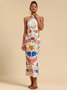 Travachic Robe longue sans manches à imprimé floral pour femmes, convenant pour les vacances