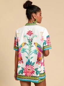 Travachic 2pcs/Set Tropical Print Short Sleeve Top & Shorts,  Suitable For Holiday , Afternoon Tea, Wedding Season, Beach Cruise Vacation, City Road Trip Vacation, Boho Vacation, Music Festival , Beachwear, Easter, Beach Outfits For Woman, Elegant Clothes For Women, Vacation Outfits Women, Concert Outfit Women, Tropical Vacation Woman Clothes, Holiday Outfits, Bohemian Clothes,For Spring Sunmmer And Autumn - Multicolor - View 2