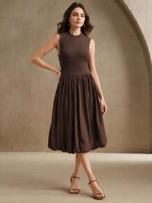 Mono elegante y elegante de primavera y verano con falda con volantes, tejido jacquard - Café - Ver 4