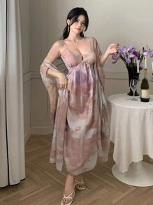 DAZY 2 件套女士扎染印花蝙蝠袖连衣裙和夹克套装 - 粉色 - 查看 7