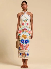 Travachic Robe longue sans manches à imprimé floral pour femmes, convenant pour les vacances
