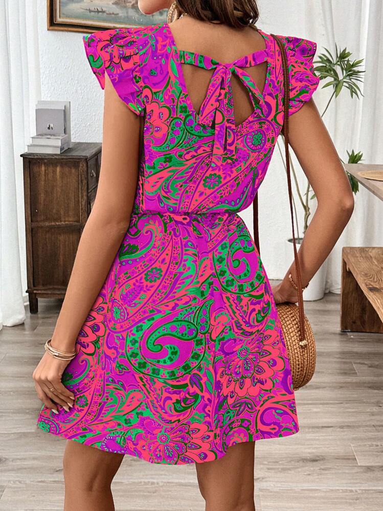 Breezaya Vestido con estampado floral y volantes, conjunto para vacaciones y playa para mujeres - Morado - Añade 2