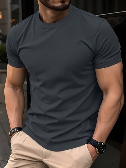 Manfinity Homme Men's Solid Color Round Neck Short Sleeve Casual Top Tee