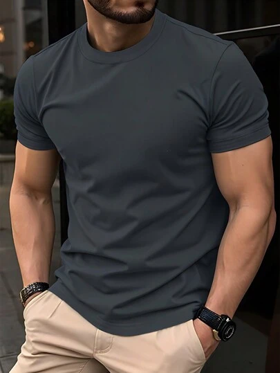 Manfinity Homme Men's Solid Color Round Neck Short Sleeve Casual Top Tee