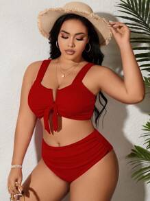 SHEIN Swim Curve Bộ đồ bơi ngày lễ đơn giản 2 mảnh cỡ lớn cho nữ, dành cho kỳ nghỉ hè ở bãi biển - Đỏ - Xem 3