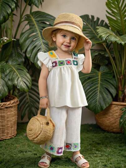 SHEIN 女婴幼儿 0-3 岁休闲度假宽松纹理手工钩针彩色多巴胺向日葵领超大盖袖衬衫和阔腿裤 2 件套服装套装，杏色和米色