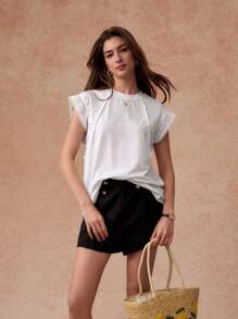 Écloséra Women Casual Loose T-Shirt With Lace Cuff & Distressed Decor, Round Neck