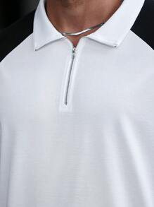Manfinity CasualCool Plus Size Men's Colorblock Front Zipper Short Sleeve Casual Polo Shirt, For Golf