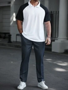 Manfinity CasualCool Plus Size Men's Colorblock Front Zipper Short Sleeve Casual Polo Shirt, For Golf