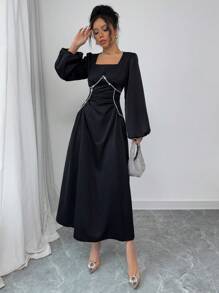 Modelyn 女士水钻装饰长袖方领简约休闲优雅长裙 - 黑色 - 查看 5