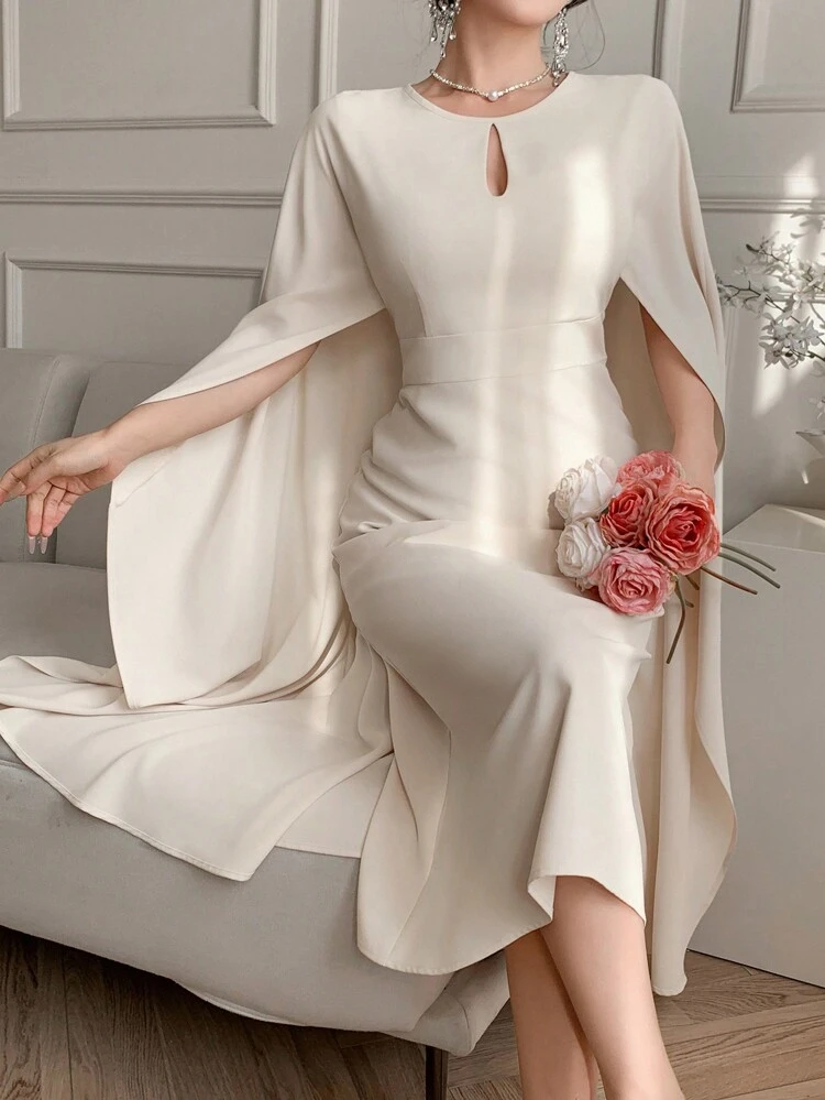 Solid Color Crew Neck Batwing Sleeve Midi Dress For Women Elegant,Fall Dress Long Sleeve Dress