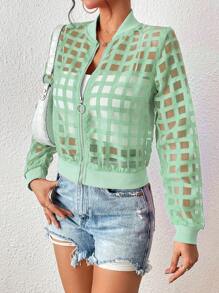 Chiquease Women's Plaid Net Mesh Long Sleeve Casual Baseball Jacket Fall Cloth For Women - Green - View 3