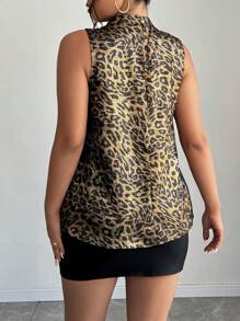 Calvaya Plus Size Stand Collar Sleeveless Leopard Print Casual Top, Everyday Wear