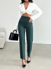 EURMUSE Women's Solid Color Button Front Pocket Casual Long Pants, Everyday Wear