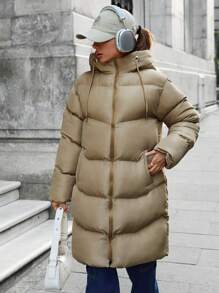 EURMUSE Zip Up Long Padded Coat With Hoodie Keeping Warm - Beige - View 6
