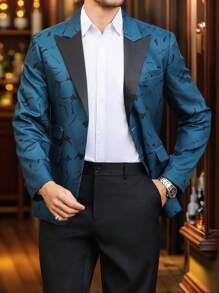 Manfinity Mode 男士尖领撞色前扣不对称花卉全印花西装夹克，适合华丽派对穿着、日常穿着 - 墨綠色 - 查看 2