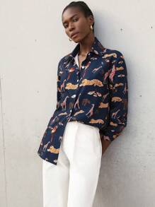 SHEIN Privé 全身动物印花落肩衬衫 女士纽扣衬衫 - 藍色 - 查看 4