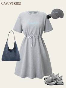 SHEIN Explorewe 1 件女童学院风针织舒适短袖腰可调节连衣裙，全新夏季系列 - 灰色 - 查看 5
