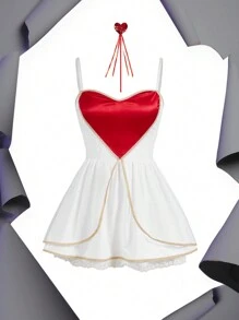 Valentine's Day 2pcs/Set Ruffle Trim Spaghetti Strap Heart Dress & Heart Magic Wand, Party Costume For Women - Multicolor - View 6