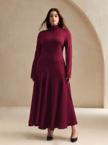 Anewsta Elegante vestido largo de talla grande de estilo urbano con diseño de parches para otoño/invierno, nuevo diseño francés de vestido base elegante de manga larga para mujer