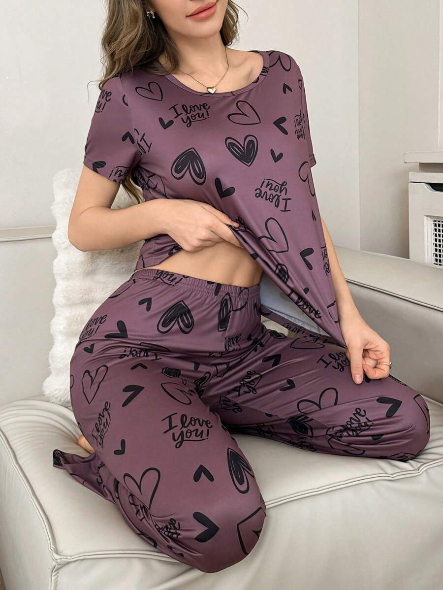 Heart & Letter Print Casual Short Sleeve Top & Pants Pajamas Set - Multicolor - View 1