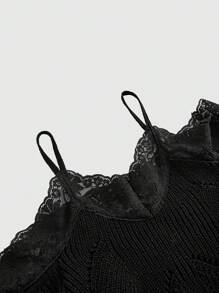 ROMWE Hippie 女士蕾丝拼接露肩喇叭袖毛衣 - 黑色 - 查看 4