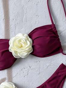 Swim Chiccia Women's Fashionable & Elegant 3D Flower Decor Bikini Set For Summer Beach Vacation - Burgundy - View 3
