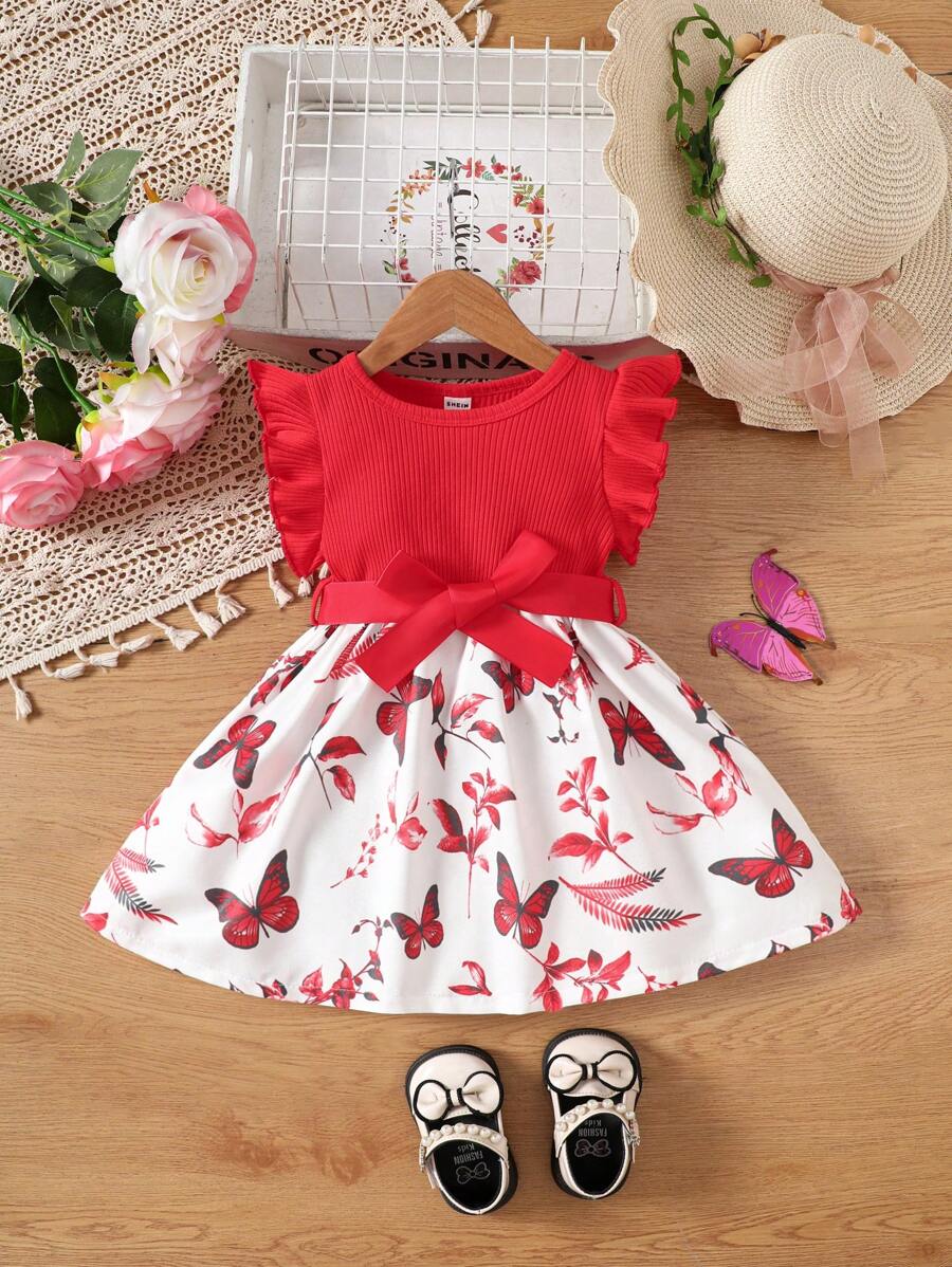 SHEIN Đầm in hình bướm dễ thương cho bé gái kèm thắt lưng, đa năng khi đi chơi - Đỏ - Xem 1