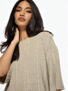 MISSGUIDED 奢华超大罗纹T恤家居服休闲降肩针织上衣舒适秋季冬季必备街头装 - 杏色 - 查看 4