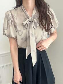 FRIFUL Women's Bowknot Ditsy Floral Blouse With Puff Sleeves, Tie Neckline, Elegant Design For Summer