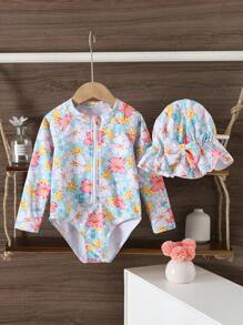 Girls' Printed One-Piece Swimsuit Girls' Floral Print One-Piece Swimsuit With Long Sleeves And Zipper Detail Young Girls' Multicolor High Neck Swimsuit With UPF 50+ Sun Protection Perfect For Summer Beach Days