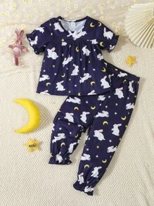2pcs/Set Young Girl Cute Rabbit Print Navy Blue Long Pants & Short Sleeve Casual Homewear Set - Navy Blue - View 1