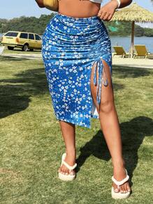 Flirla Plus Size Cinched Waist, Slit & Daisy Print Skirt - Multicolor - View 3