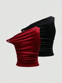 SHEIN Unity European & American Style Women's New Summer Solid Color Velvet Material One Shoulder Ruched Asymmetric Sexy Fitted Blouse - Red and Black - View 2