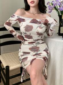 DAZY Đầm ngắn tay dài trễ vai in hoa toàn thân dành cho nữ, đầm mùa thu phong cách boho, trang phục đi nghỉ mát cho nữ. - trắng - Xem 5