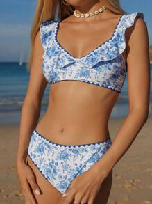 SHEIN Swim Springbreak 女士沙滩装夏季女士泳衣，随机颜色印花，荷叶边饰带，无袖上衣和高腰下装两件套，度假波西米亚风比基尼套装 - 藍白色 - 查看 4