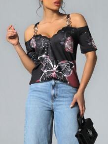 SHEIN LUNE 性感露肩修身 T 恤，带蕾丝花边领口 - 玫紅色 - 查看 4