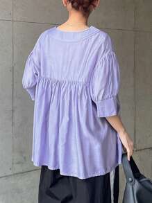 FRIFUL Women's V-Neck Puff Sleeve Blouse, Purple, Summer Clothing,Ruffle