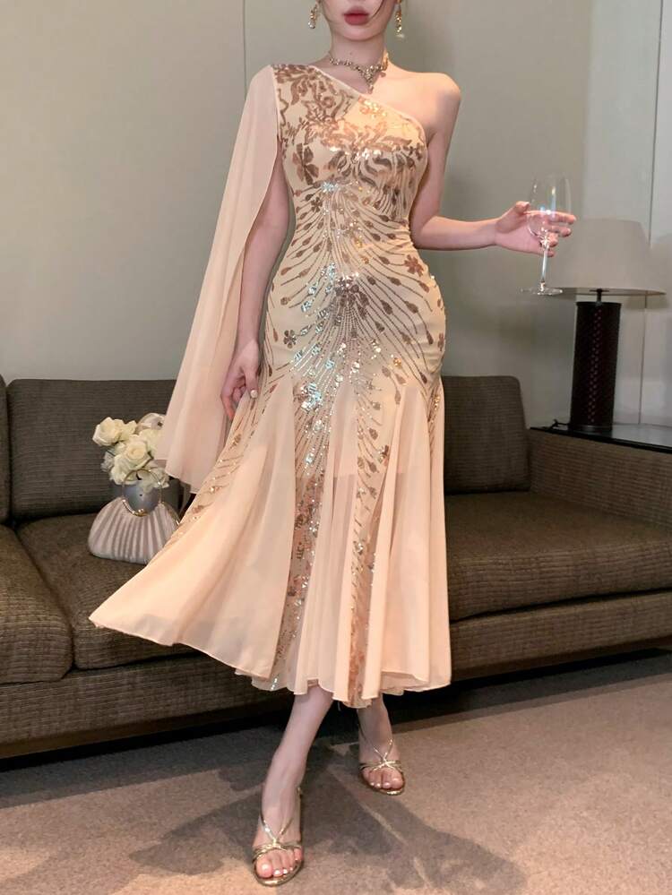 Vestido midi con escote asimétrico con volantes, con lentejuelas y parches, cola de pez, para mujer, vestido de fiesta, vestido formal, vestido de manga larga para otoño, vestido elegante de lujo, vestido nuevo año, conjunto de mujer para carnaval, vestido brillante, vestido floral para mujer