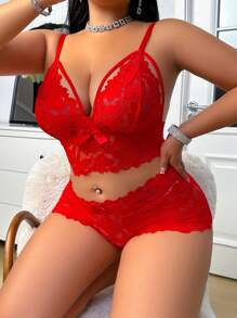 SHEIN 2 件大码性感女士蕾丝内衣套装 - 紅色 - 查看 3