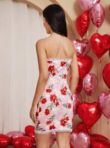 Chiquease Damen elegantes romantisches Kleid mit Blume Muster und Spitzenkante, Outfit für Valentinstag - Pink - Übersicht 2