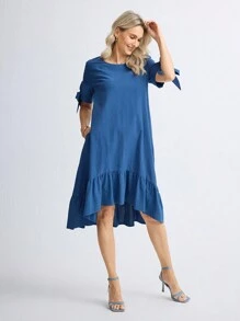 Miaspire Vestido casual sencillo de mujer con cuello redondo, manga corta y plisado en color liso