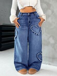SHEIN ICON Plus Size Sexy Heart Straight Leg Blue Jeans - Dark Wash - View 1
