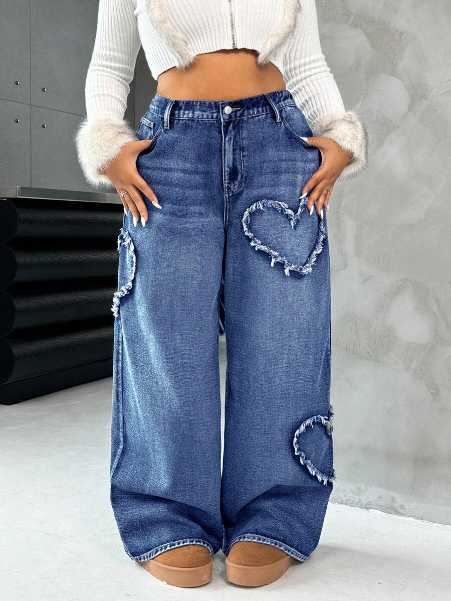 SHEIN ICON Plus Size Sexy Heart Straight Leg Blue Jeans - Dark Wash - View 1