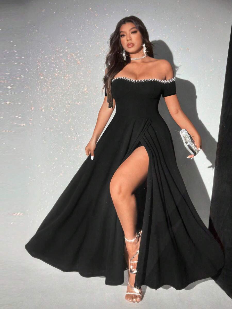Viva Relle Valentine Plus Size Women Off Shoulder Pearl Decor Elegant Dress - Black - View 1